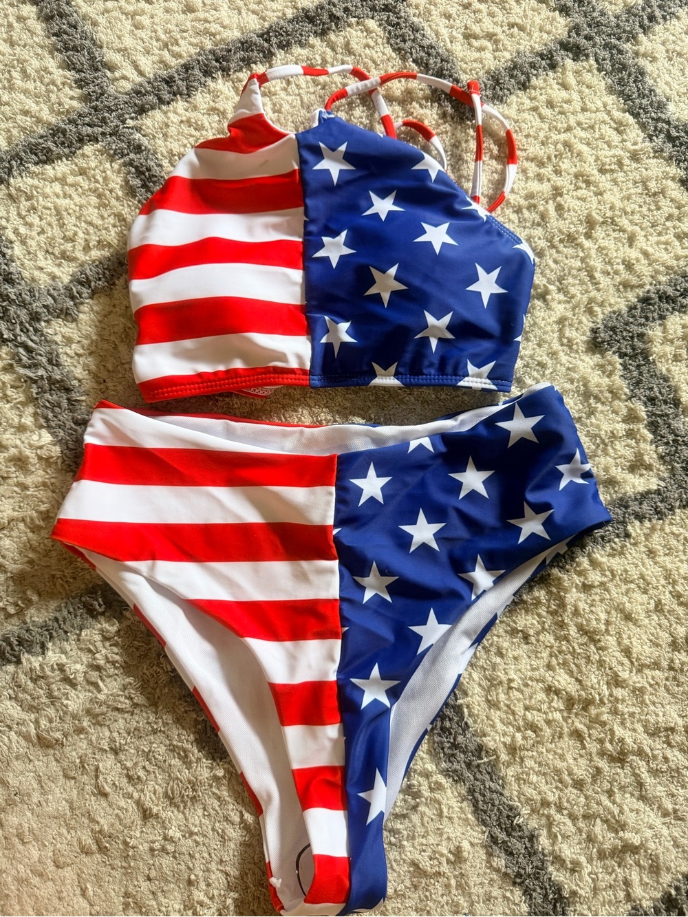 Woman’s Red, White & Blue American Flag Two-Piece Swim Set